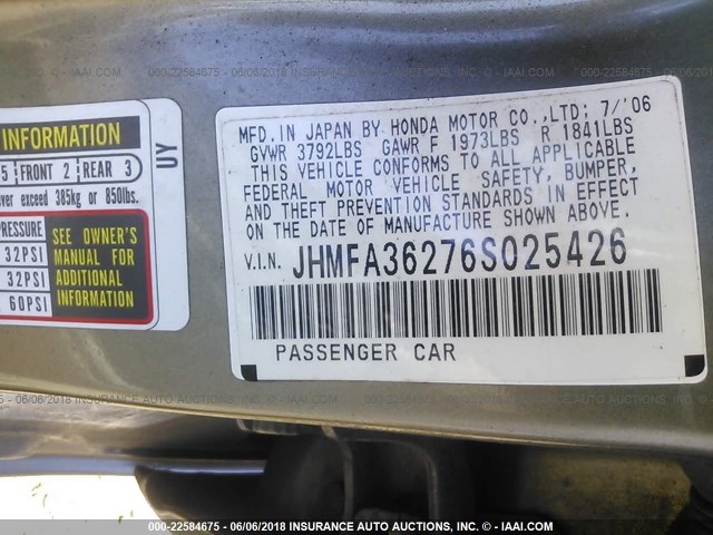 JHMFA36276S025426 - 2006 HONDA CIVIC HYBRID GRAY photo 9