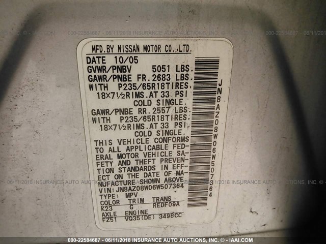 JN8AZ08W06W507364 - 2006 NISSAN MURANO SL/SE/S SILVER photo 9