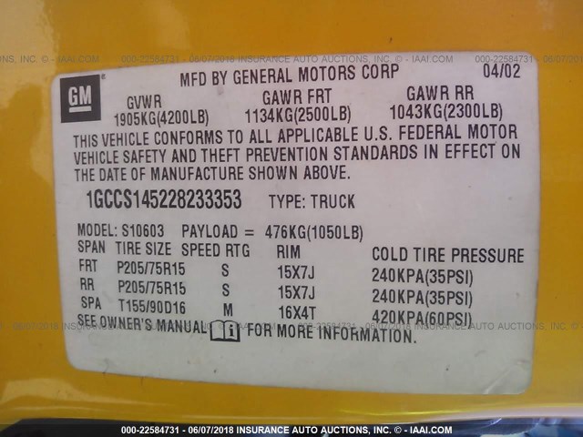 1GCCS145228233353 - 2002 CHEVROLET S TRUCK S10 YELLOW photo 9