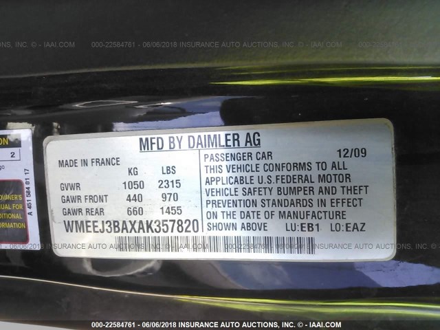 WMEEJ3BAXAK357820 - 2010 SMART FORTWO PURE/PASSION WHITE photo 9