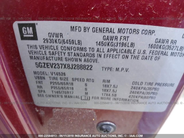 5GZEV237X8J288822 - 2008 SATURN OUTLOOK XR წითელი ფოტო 9