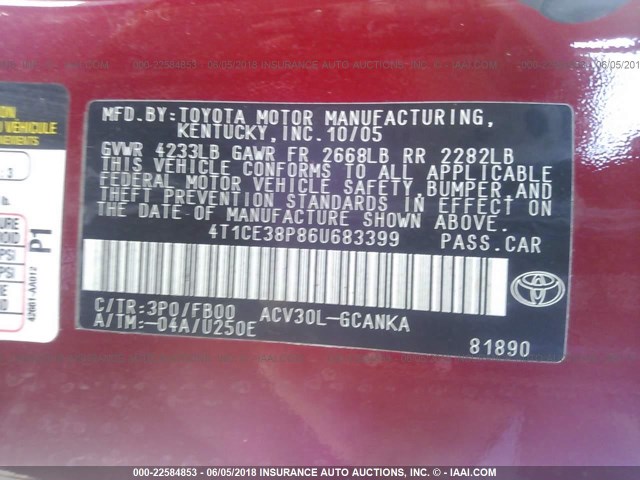 4T1CE38P86U683399 - 2006 TOYOTA CAMRY SOLARA SE/SLE RED photo 9