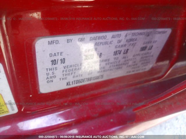 KL1TD5DE7BB159875 - 2011 CHEVROLET AVEO LS/LT RED photo 9