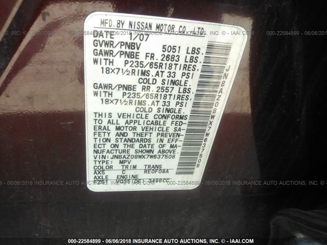 JN8AZ08WX7W637508 - 2007 NISSAN MURANO SL/SE/S RED photo 9