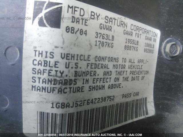 1G8AJ52F64Z230752 - 2004 SATURN ION LEVEL 2 GRAY photo 9