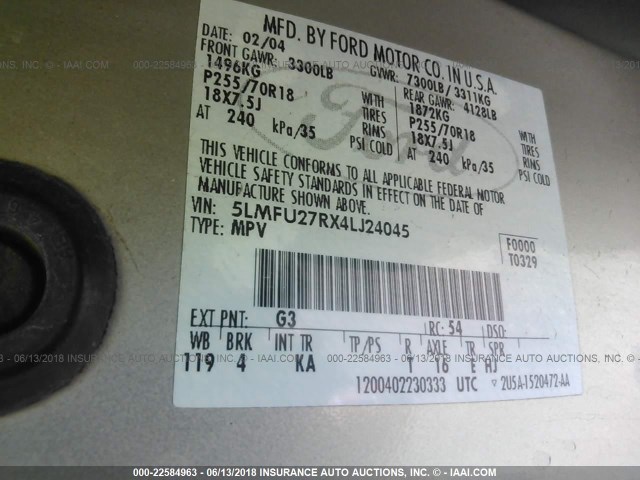 5LMFU27RX4LJ24045 - 2004 LINCOLN NAVIGATOR GOLD photo 9