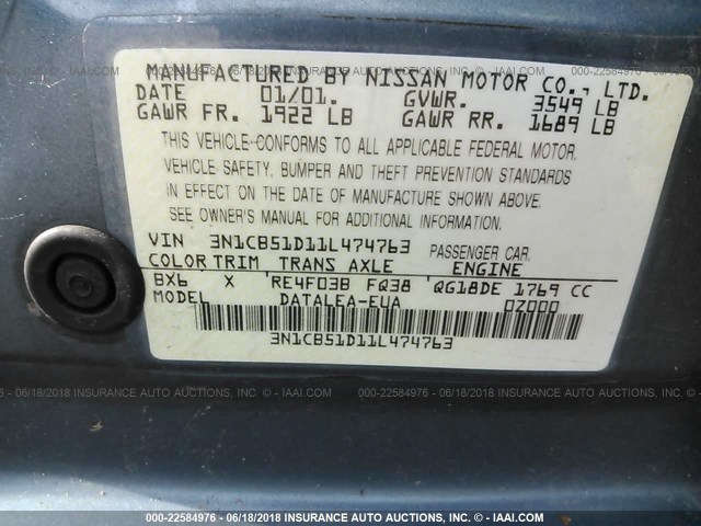 3N1CB51D11L474763 - 2001 NISSAN SENTRA XE/GXE Light Blue photo 9