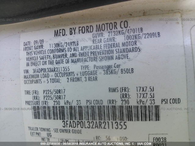 3FADP0L32AR211355 - 2010 FORD FUSION HYBRID WHITE photo 9