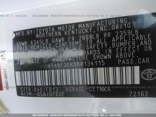 4T4BF3EK5BR134115 - 2011 TOYOTA CAMRY SE/LE/XLE WHITE photo 9