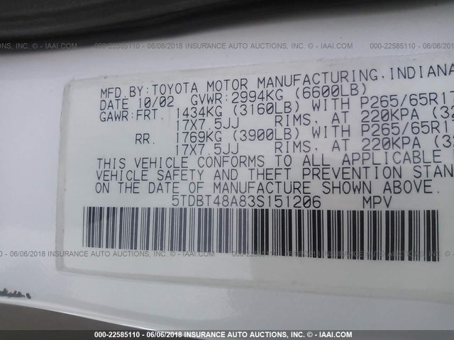 5TDBT48A83S151206 - 2003 TOYOTA SEQUOIA LIMITED WHITE photo 9