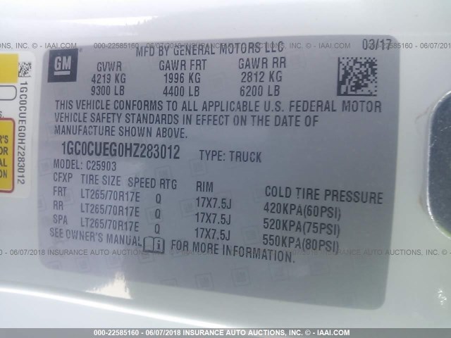 1GC0CUEG0HZ283012 - 2017 CHEVROLET SILVERADO C2500 HEAVY DUTY WHITE photo 9