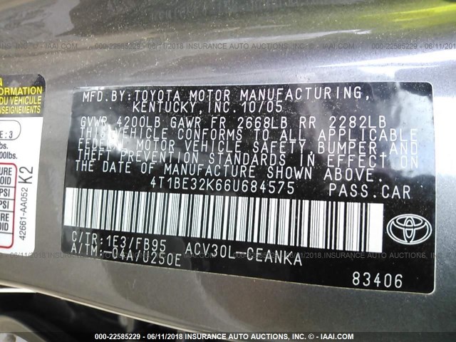 4T1BE32K66U684575 - 2006 TOYOTA CAMRY LE/XLE/SE Boz foto 9