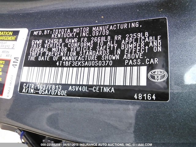 4T1BF3EK5AU050370 - 2010 TOYOTA CAMRY SE/LE/XLE GRAY photo 9