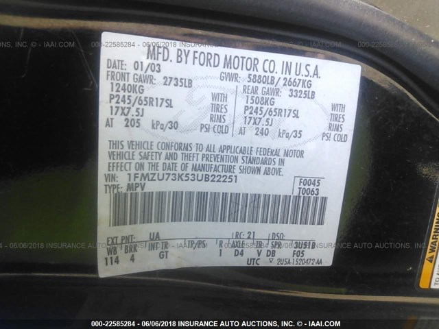 1FMZU73K53UB22251 - 2003 FORD EXPLORER XLT/XLT SPORT/NBX BLACK photo 9