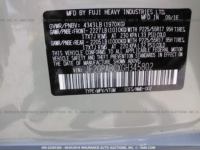 JF2GPABCXGH345802 - 2016 SUBARU CROSSTREK PREMIUM Жасыл фото 9