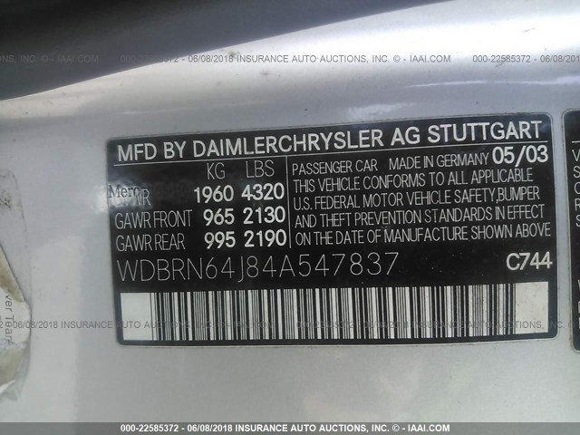 WDBRN64J84A547837 - 2004 MERCEDES-BENZ C 320 SPORT COUPE SILVER photo 9