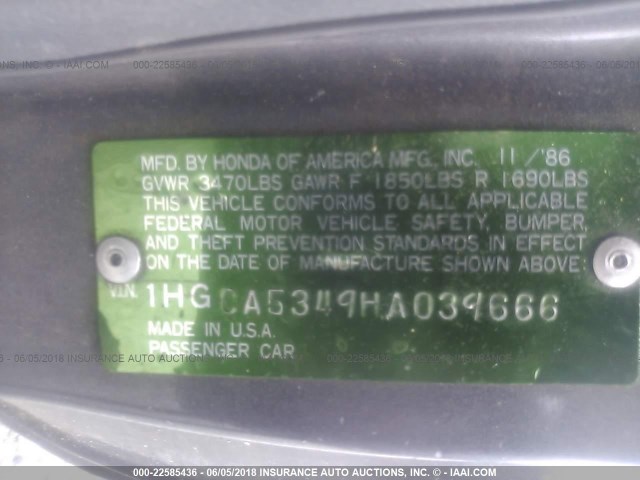 1HGCA5349HA039666 - 1987 HONDA ACCORD LXI GRAY photo 9