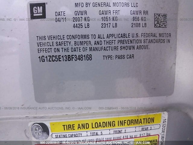 1G1ZC5E13BF348168 - 2011 CHEVROLET MALIBU 1LT 银色 照片 9