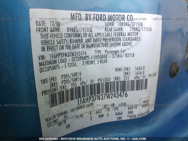 1FAHP37N37W243476 - 2007 FORD FOCUS ZX5/S/SE/SES 蓝色 照片 9