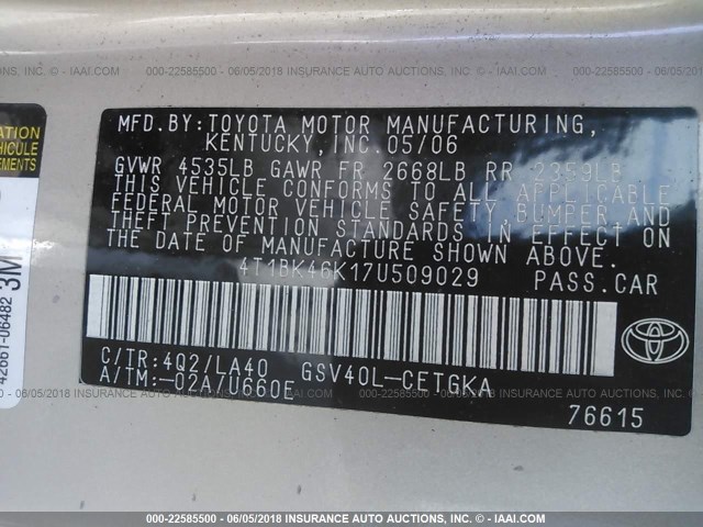 4T1BK46K17U509029 - 2007 TOYOTA CAMRY NEW GENERAT LE/XLE/SE BEIGE photo 9