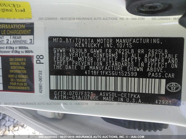 4T1BF1FK5GU152599 - 2016 TOYOTA CAMRY LE/XLE/SE/XSE WHITE photo 9