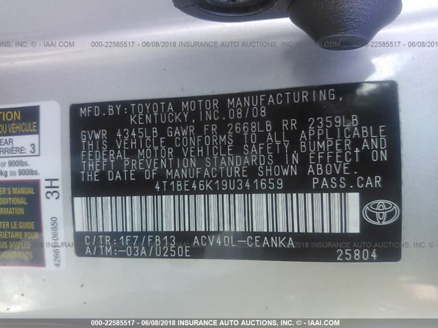 4T1BE46K19U341659 - 2009 TOYOTA CAMRY SE/LE/XLE 银色 照片 9