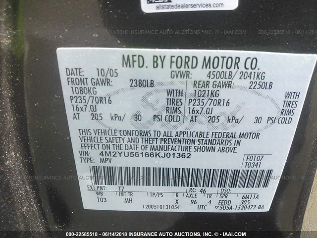 4M2YU56166KJ01362 - 2006 MERCURY MARINER GRAY photo 9