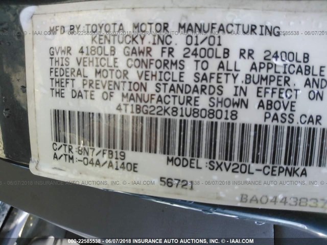 4T1BG22K81U808018 - 2001 TOYOTA CAMRY CE/LE/XLE ტალღისფერი ფოტო 9