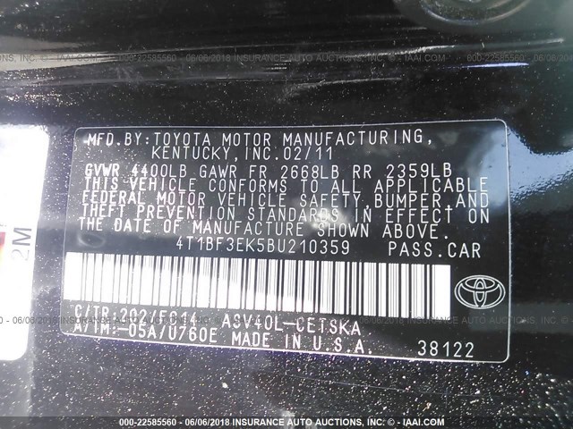 4T1BF3EK5BU210359 - 2011 TOYOTA CAMRY SE/LE/XLE შავი ფოტო 9