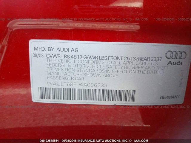 WAULT68E04A096233 - 2004 AUDI A4 3.0 QUATTRO RED photo 9