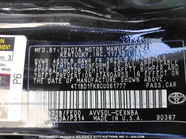 4T1BD1FK8CU061777 - 2012 TOYOTA CAMRY HYBRID/LE/XLE 黑色 照片 9