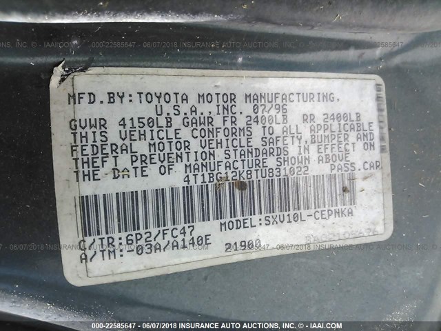 4T1BG12K8TU831022 - 1996 TOYOTA CAMRY DX/LE/XLE GREEN photo 9