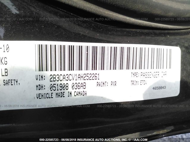 2B3CA3CV1AH252261 - 2010 DODGE CHARGER SXT BLACK photo 9