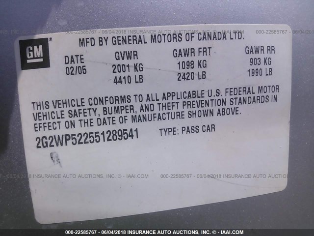 2G2WP522551289541 - 2005 PONTIAC GRAND PRIX SILVER photo 9