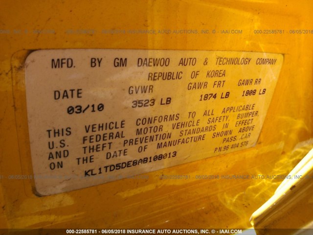 KL1TD5DE8AB108013 - 2010 CHEVROLET AVEO LS/LT 黄色 照片 9