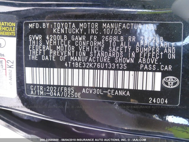 4T1BE32K76U133135 - 2006 TOYOTA CAMRY LE/XLE/SE BLACK photo 9