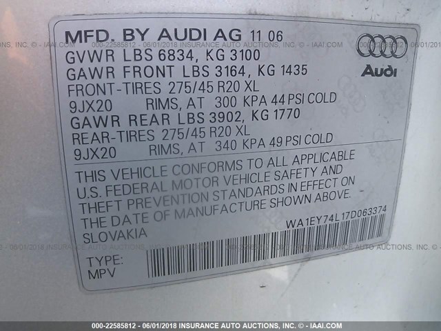 WA1EY74L17D063374 - 2007 AUDI Q7 3.6 QUATTRO PREM S-LINE SILVER photo 9