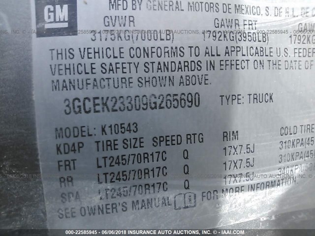 3GCEK23309G265690 - 2009 CHEVROLET SILVERADO K1500 LT GRAY photo 9