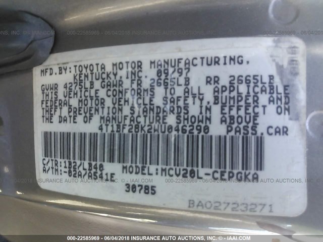 4T1BF28K2WU046290 - 1998 TOYOTA CAMRY CE/LE/XLE TAN photo 9