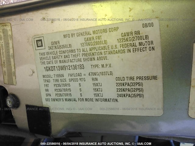 1GKDT13W912136183 - 2001 GMC JIMMY Gris photo 9