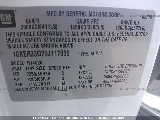 1GKER23D79J117835 - 2009 GMC ACADIA SLT-1 WHITE photo 9