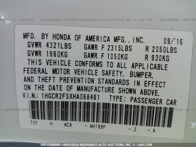 1HGCR2F5XHA068461 - 2017 HONDA ACCORD SPORT 白色 照片 9