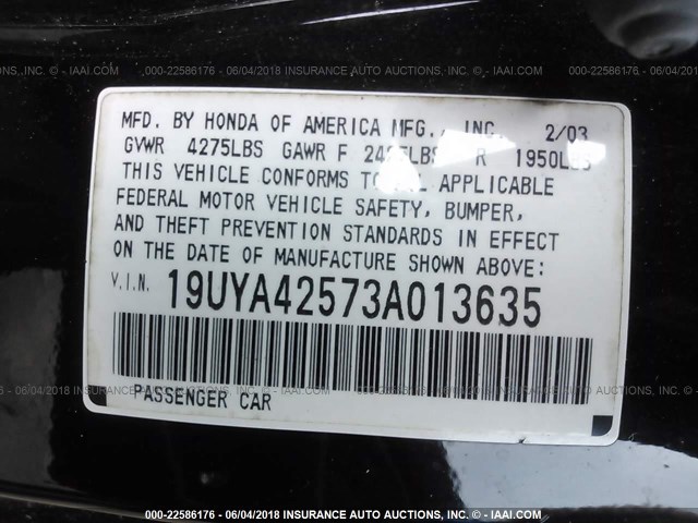 19UYA42573A013635 - 2003 ACURA 3.2CL BLACK photo 9