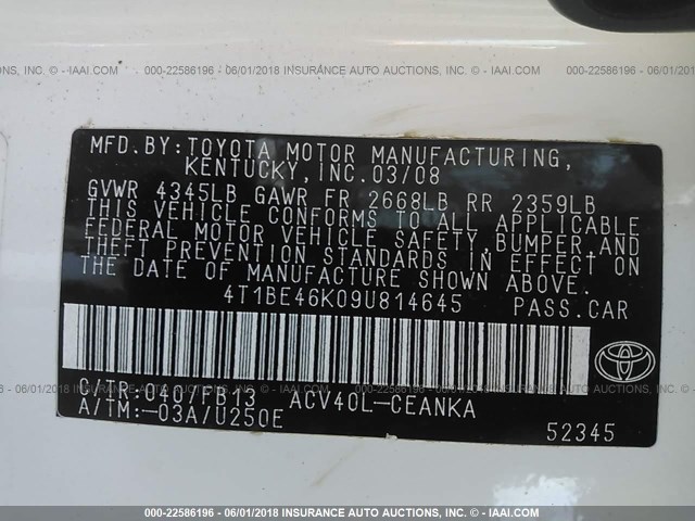 4T1BE46K09U814645 - 2009 TOYOTA CAMRY SE/LE/XLE WHITE photo 9