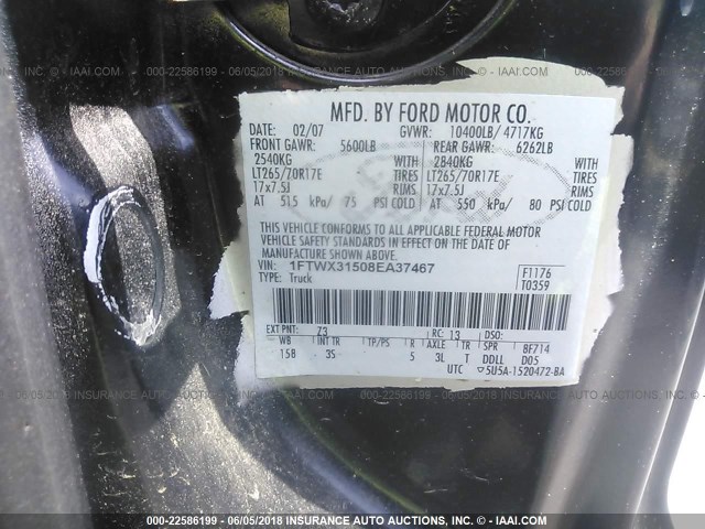 1FTWX31508EA37467 - 2008 FORD F350 SRW SUPER DUTY BLACK photo 10