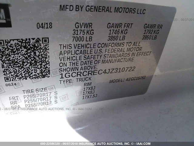 1GCRCREC4JZ310722 - 2018 CHEVROLET SILVERADO C1500 LT Weiß Foto 9