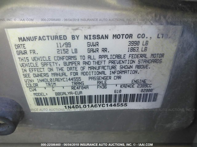 1N4DL01A6YC144555 - 2000 NISSAN ALTIMA XE/GXE/SE/GLE SILVER photo 9