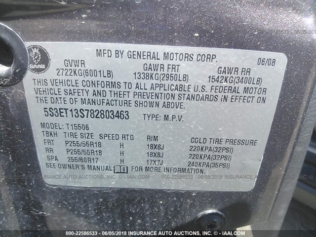 5S3ET13S782803463 - 2008 SAAB 9-7X 4.2I GRAY photo 9