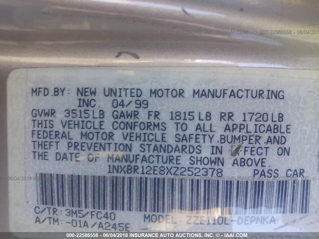 1NXBR12E8XZ252378 - 1999 TOYOTA COROLLA VE/CE/LE 金色 照片 9