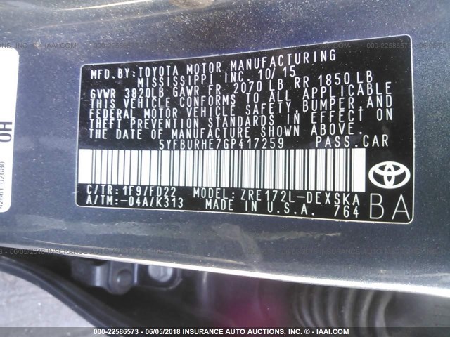 5YFBURHE7GP417259 - 2016 TOYOTA COROLLA L/LE/LE PLS/PRM/S/S PLS GRAY photo 9